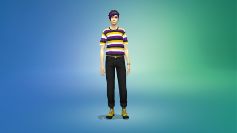 A teenager version of Smiler Alton in Sims 4, wearing a t-shirt with stripes in yellow, white, black, and purple, black jeans, and yellow-and-black sneakers